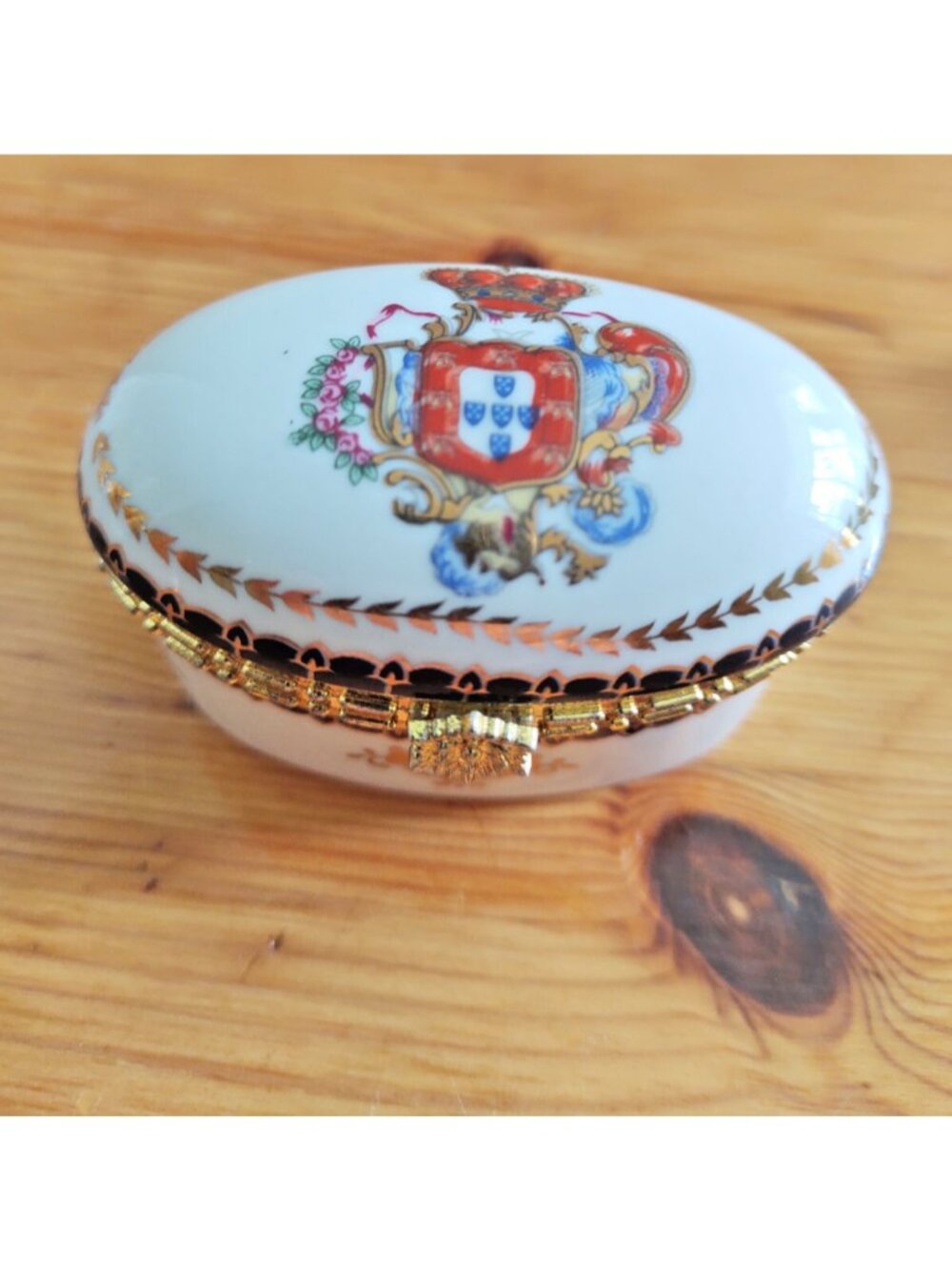House of Valentina Porcelain Monarch Coat of Arms Egg Shaped pillbox 2 3/4" long